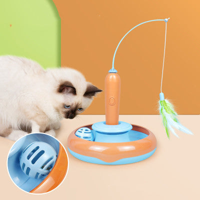 2-in-1 Interactive Cat Turntable Toy with Feather Wand