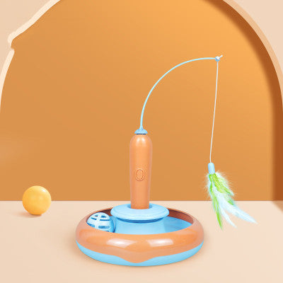 2-in-1 Interactive Cat Turntable Toy with Feather Wand
