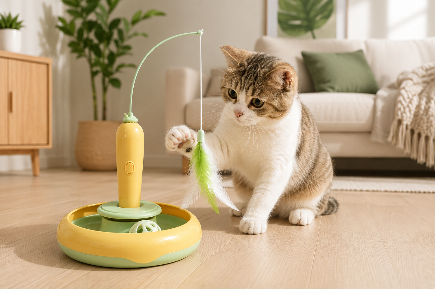 2-in-1 Interactive Cat Turntable Toy with Feather Wand