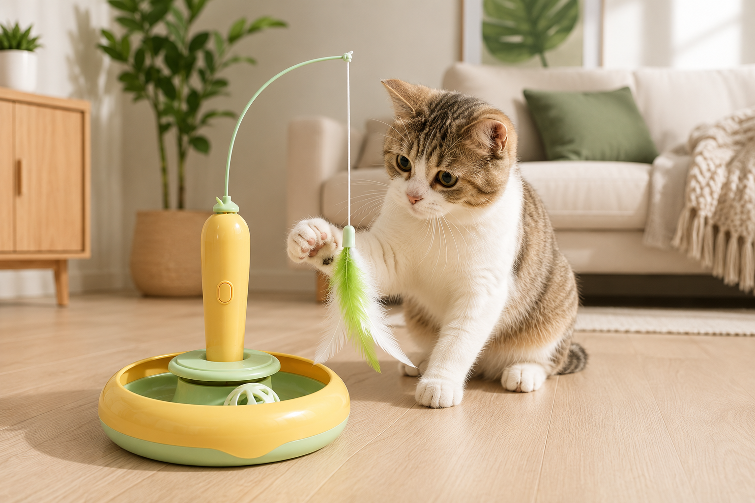 2-in-1 Interactive Cat Turntable Toy with Feather Wand