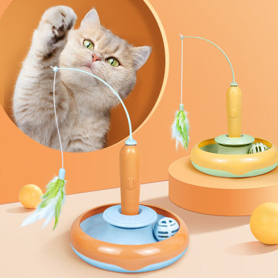 2-in-1 Interactive Cat Turntable Toy with Feather Wand